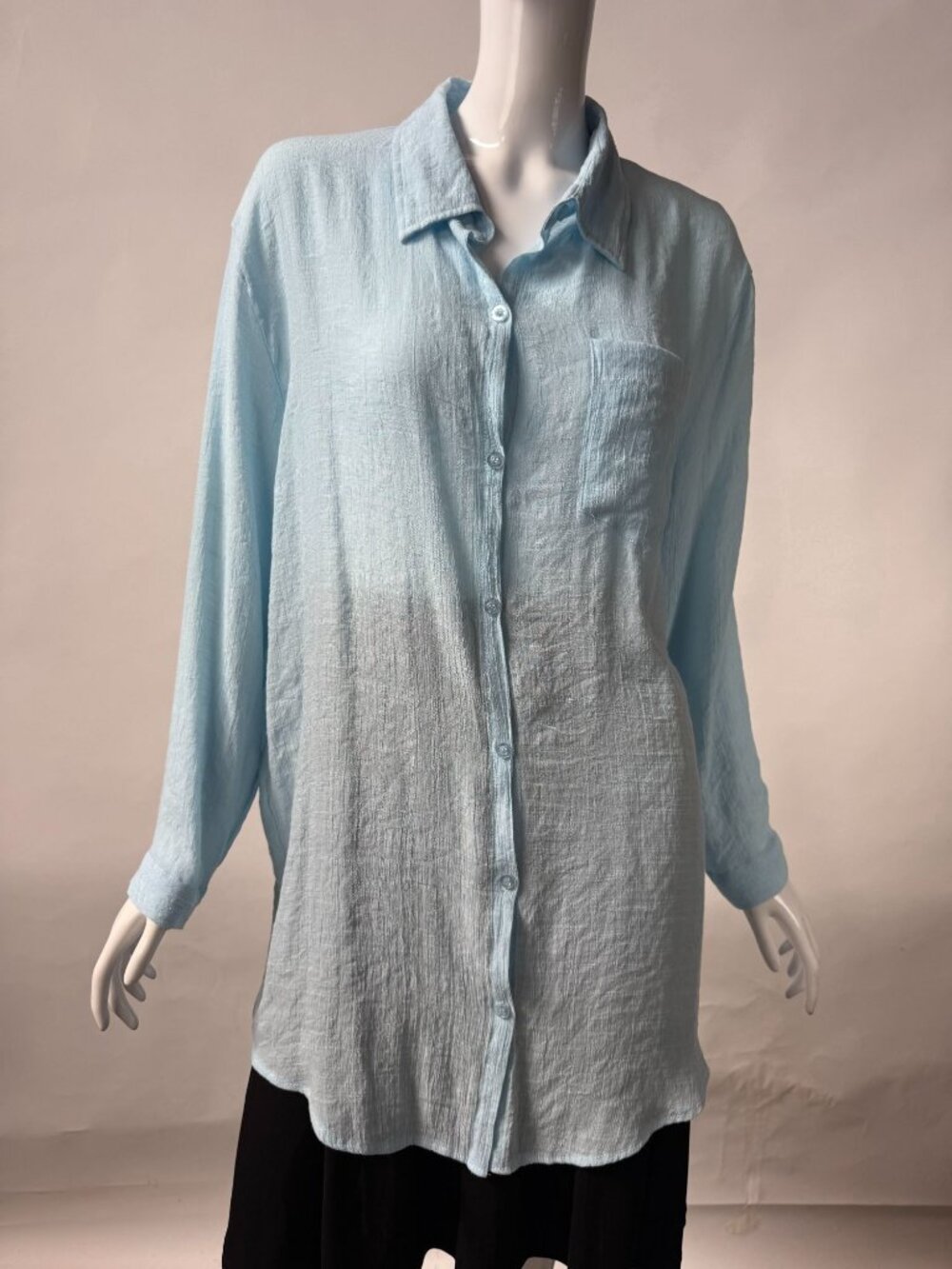 Light Blue Button-Up Textured Blouse With Long Sleeves & Collared Neckline Relax